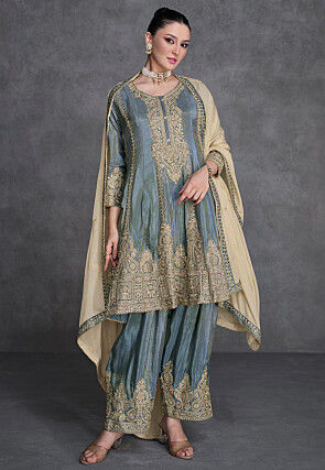 Embroidered Art Silk Pakistani Suit in Grey