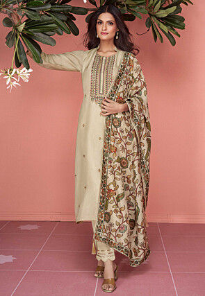 Embroidered Art Silk Pakistani Suit in Light Beige