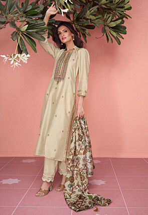 Embroidered Art Silk Pakistani Suit in Light Beige