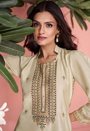 Embroidered Art Silk Pakistani Suit in Light Beige