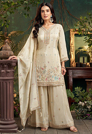 Embroidered Art Silk Pakistani Suit in Light Beige