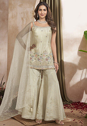 Embroidered Art Silk Pakistani Suit in Light Beige