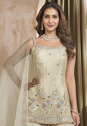 Embroidered Art Silk Pakistani Suit in Light Beige