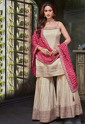 Embroidered Art Silk Pakistani Suit in Light Beige