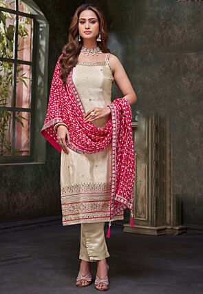 Embroidered Art Silk Pakistani Suit in Light Beige