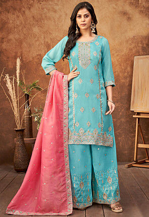 Embroidered Art Silk Pakistani Suit in Light Blue