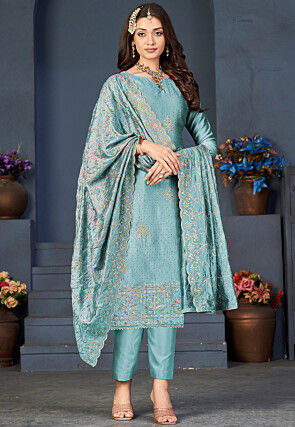 Embroidered Art Silk Pakistani Suit in Light Blue