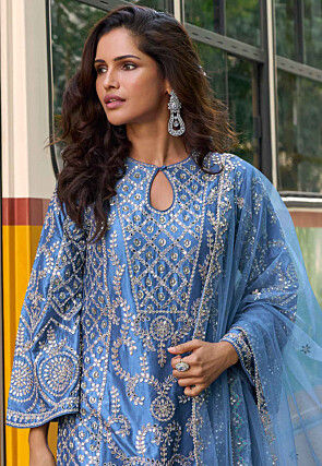 Embroidered Art Silk Pakistani Suit in Light Blue