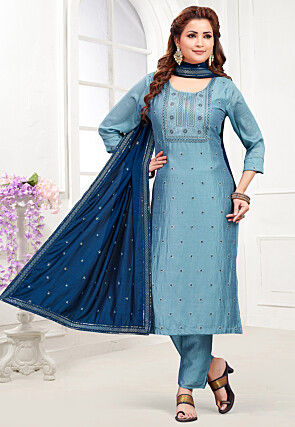 Embroidered Art Silk Pakistani Suit in Light Blue