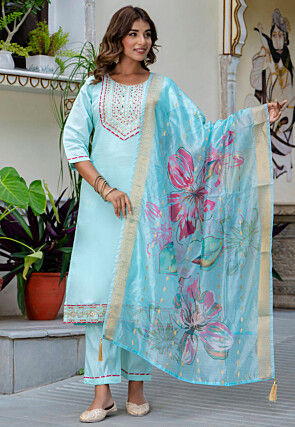 Embroidered Art Silk Pakistani Suit in Light Blue