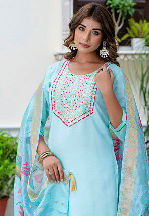Embroidered Art Silk Pakistani Suit in Light Blue