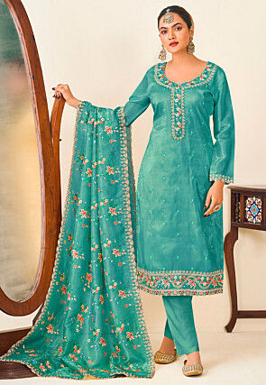 Embroidered Art Silk Pakistani Suit in Light Blue