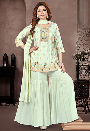 Embroidered Art Silk Pakistani Suit in Light Green