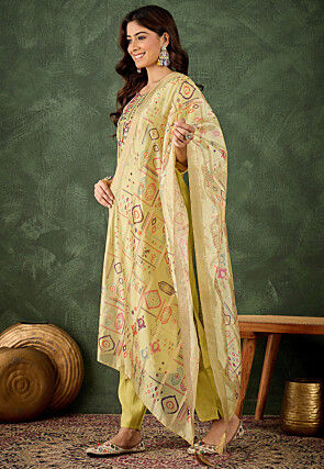 Embroidered Art Silk Pakistani Suit in Light Green