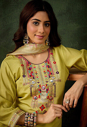 Embroidered Art Silk Pakistani Suit in Light Green