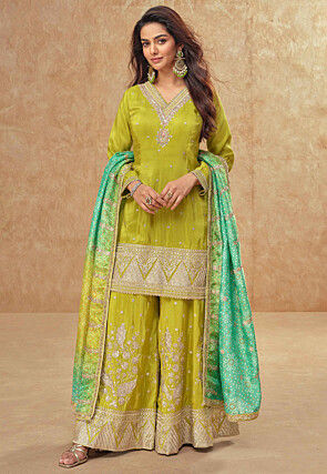 Embroidered Art Silk Pakistani Suit in Light Green