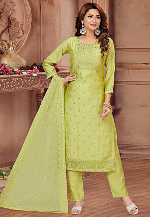 Embroidered Art Silk Pakistani Suit in Light Green