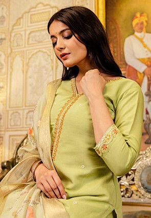 Embroidered Art Silk Pakistani Suit in Light Green