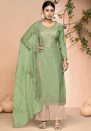 Embroidered Art Silk Pakistani Suit in Light Green