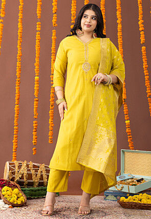 Embroidered Art Silk Pakistani Suit in Light Olive Green