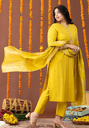 Embroidered Art Silk Pakistani Suit in Light Olive Green