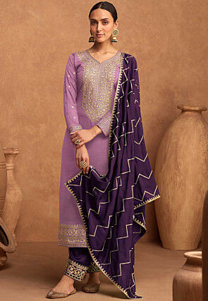Embroidered Art Silk Pakistani Suit in Light Purple