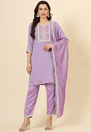 Embroidered Art Silk Pakistani Suit in Light Purple
