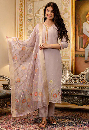 Embroidered Art Silk Pakistani Suit in Light Purple