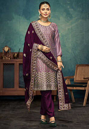 Embroidered Art Silk Pakistani Suit in Light Purple