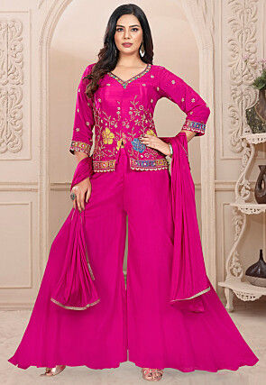 Embroidered Art Silk Pakistani Suit in Magenta