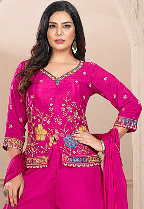 Embroidered Art Silk Pakistani Suit in Magenta