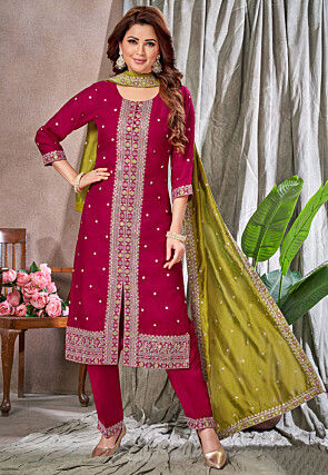 Embroidered Art Silk Pakistani Suit in Magenta