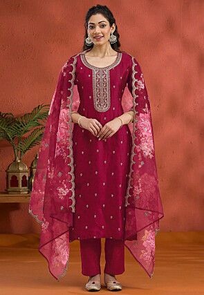 Embroidered Art Silk Pakistani Suit in Magenta