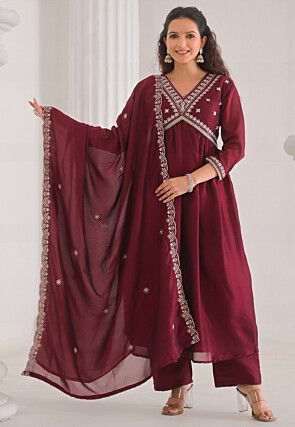 Embroidered Art Silk Pakistani Suit in Maroon