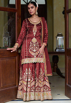 Embroidered Art Silk Shimmer Pakistani Suit in Maroon