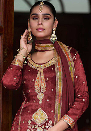 Embroidered Art Silk Shimmer Pakistani Suit in Maroon