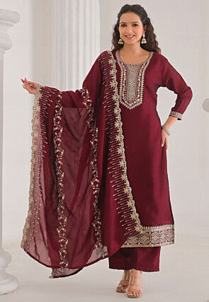 Embroidered Art Silk Pakistani Suit in Maroon