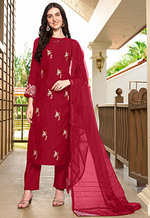 Embroidered Art Silk Pakistani Suit in Maroon