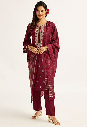 Embroidered Art Silk Pakistani Suit in Maroon