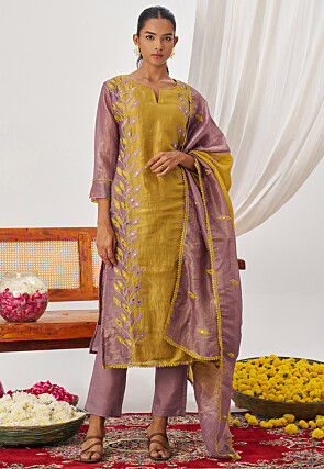 Embroidered Art Silk Pakistani Suit in Mustard and Purple