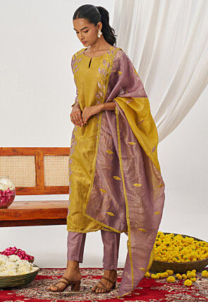 Embroidered Art Silk Pakistani Suit in Mustard and Purple