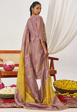 Embroidered Art Silk Pakistani Suit in Mustard and Purple