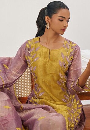 Embroidered Art Silk Pakistani Suit in Mustard and Purple