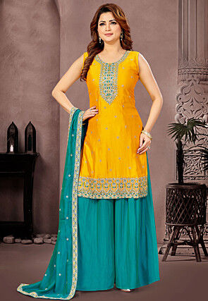 Embroidered Art Silk Pakistani Suit in Mustard