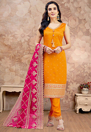 Embroidered Art Silk Pakistani Suit in Mustard