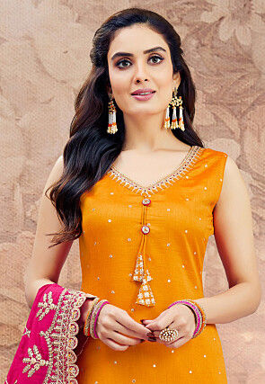 Embroidered Art Silk Pakistani Suit in Mustard