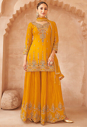 Embroidered Art Silk Pakistani Suit in Mustard