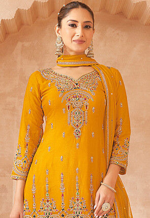 Embroidered Art Silk Pakistani Suit in Mustard