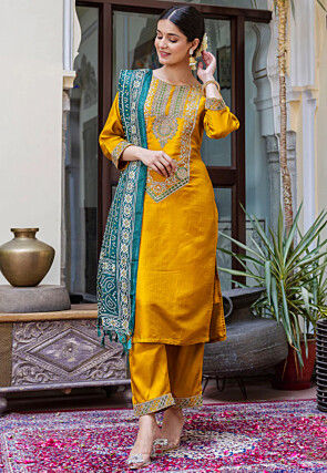 Embroidered Art Silk Pakistani Suit in Mustard