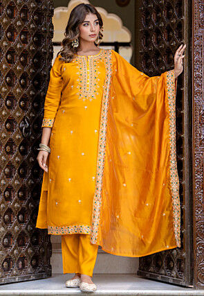 Embroidered Art Silk Pakistani Suit in Mustard